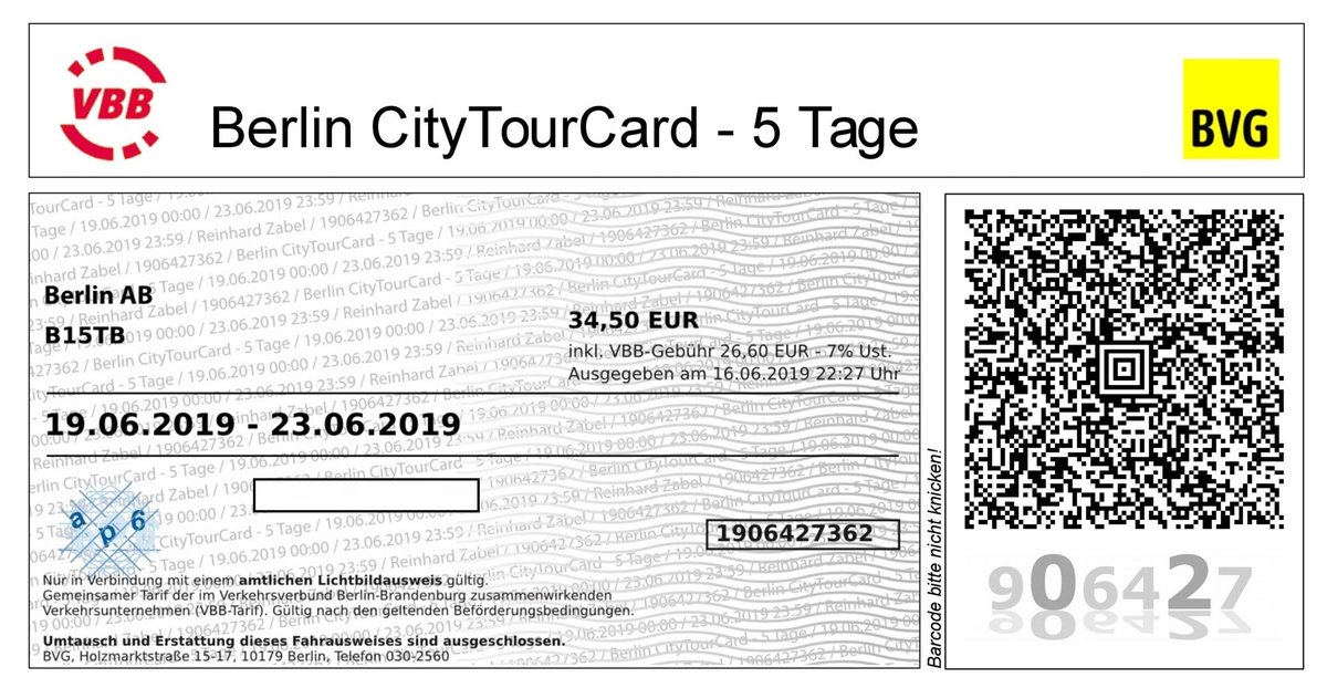 BERLIN, 19.06.2019, Berlin CityTourCard - 5 Tage für den Tarifbereich Berlin AB; in dem Blankofeld in der Mitte steht normalerweise der Namen des Fahrgastes