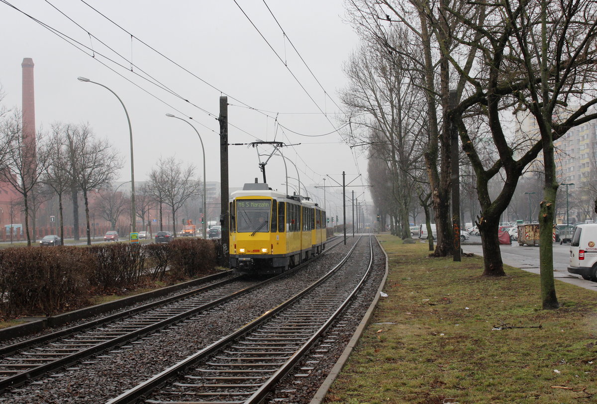 Berlin BVG: In der Landsberger Allee (Alt-Hohenschönhausen / Lichtenberg) nähert sich am 28. März 2018 eine KT4D-Garnitur auf der SL M6 der Hst. Genslerstraße.