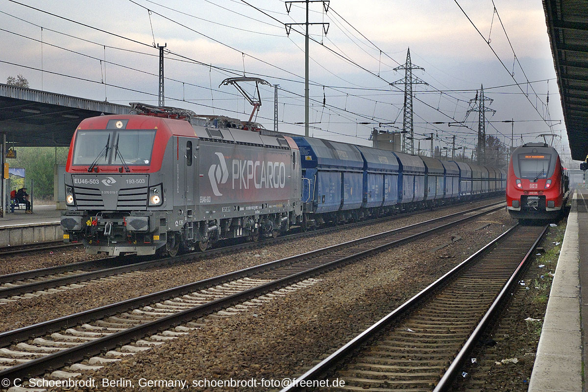 Berlin Schönefeld Flughafen,  PKPCARGO  Siemens Vectron E-Lok 193-503 (91 51 5370 015-7 PL-PKPC) mit Güterzug, DB EMU 442 138, 13. April 2016