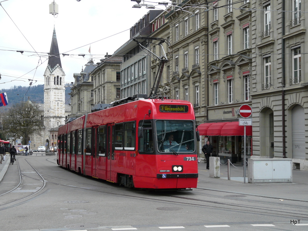 Bern mobil - Tram Be 4/8 734 unterwegs auf der Linie 3 in Bern am 01.03.2014