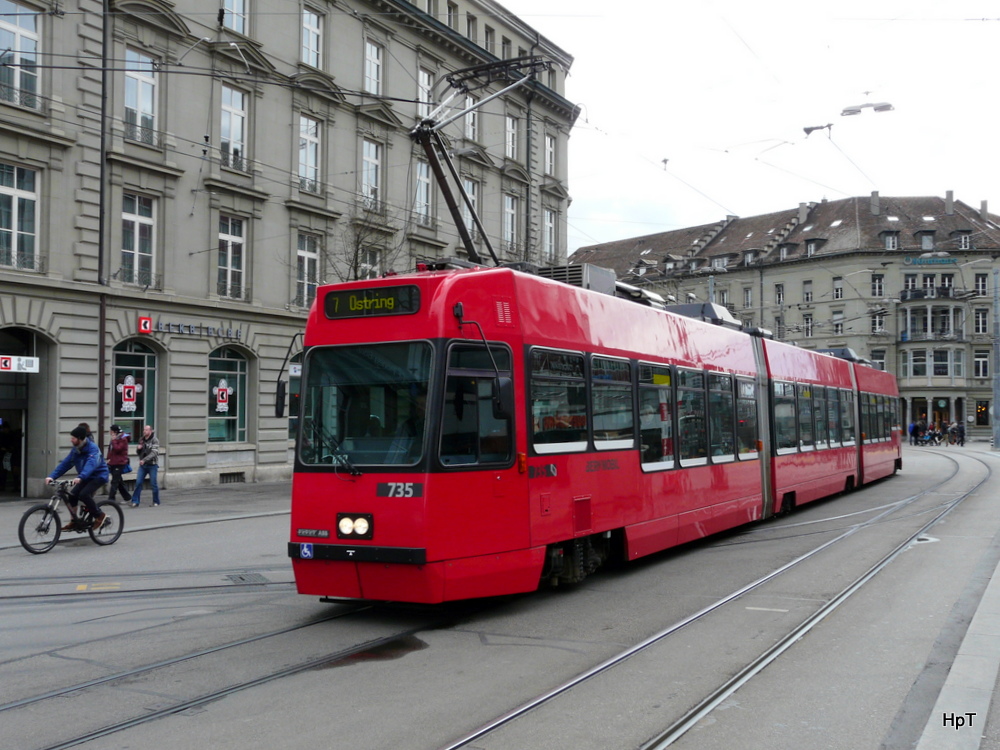 Bern mobil - Tram Be 4/8 735 unterwegs auf der Linie 7 in Bern am 01.03.2014