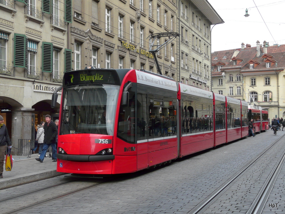 Bern mobil - Tram Be 4/6 756 unterwegs auf der Linie 7 in Bern am 01.03.2014