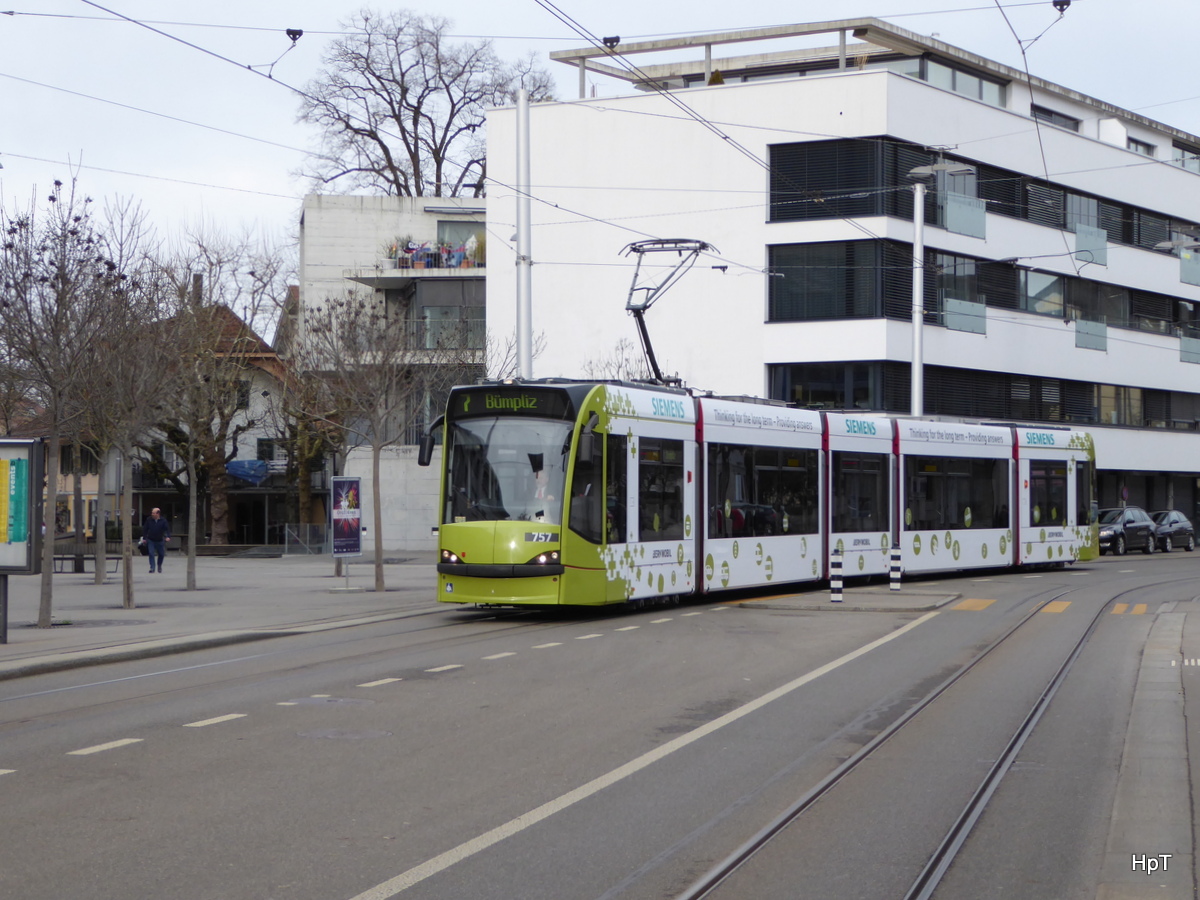 Bern mobil - Tram  Be 4/6 757 unterwegs auf der Linie 7 in Bümpliz am 11.02.2016
