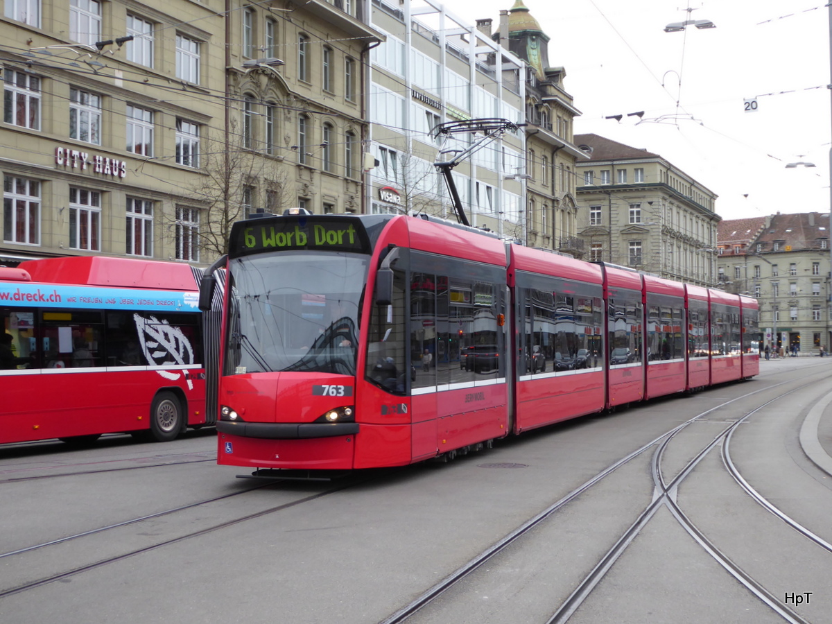 Bern mobil - Tram Be 6/8 763 unterwegs auf der Linie 6 in Bern am 11.02.2016