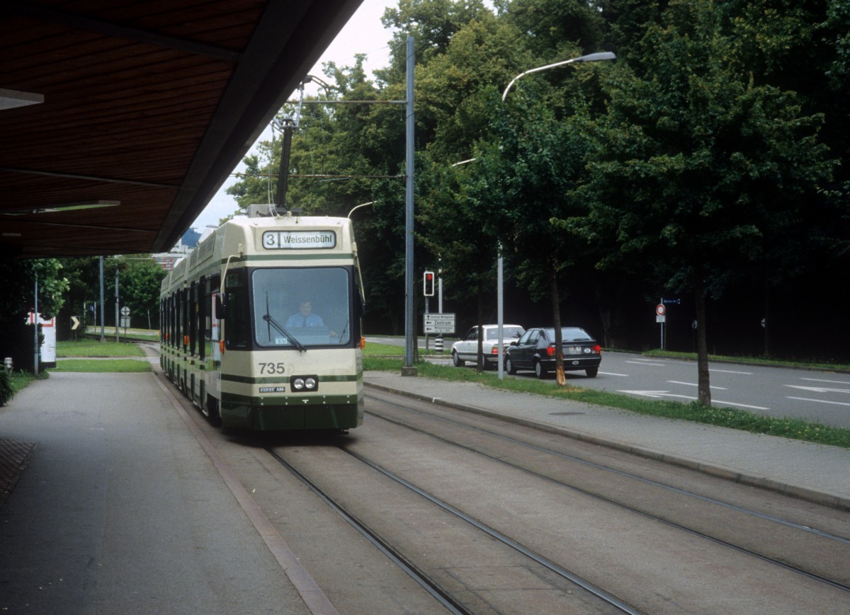 Bern SVB SL 3 (ACMV/DÜWAG/ABB Be 4/8 735) Worbstrasse / Egghölzli am 7. Juli 1990.
