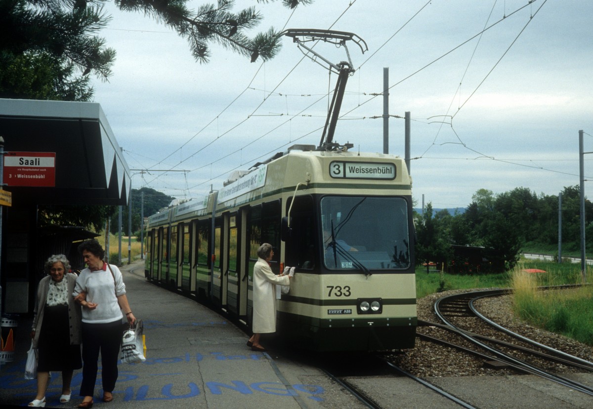 Bern SVB Tram 3 (ACMV/DÜWAG/ABB Be 4/8 733) Saali am 7. Juli 1990.