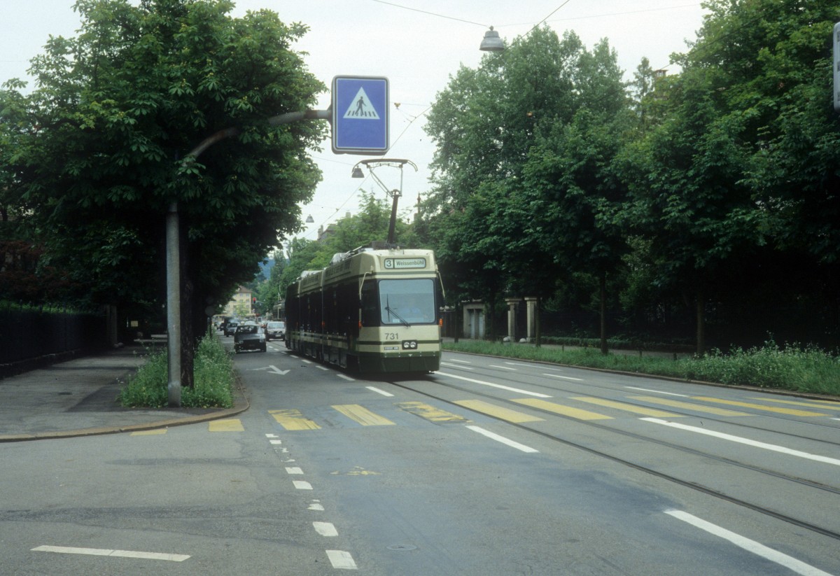 Bern SVB Tram 3 (ACMV/DÜWAG/ABB Be 4/8 731) Thunstrasse am 7. Juli 1990.