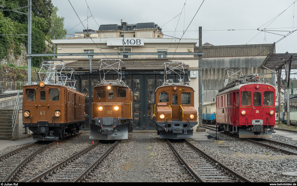 Berninabahn zu Gast bei der Chemin de fer-musée Blonay-Chamby. <br>
Am 25. August 2018 fand eine Aufstellung der vier gegenwärtig bei der BC weilenden Berninabahn-Fahrzeuge vor dem MOB-Depot in Montreux statt. Neben den BC-Fahrzeugen ABe 4/4 35 und der neu restaurierten Ge 4/4 81, sind in diesem Sommer von der RhB das Bernina-Krokodil Ge 4/4 182 und das wieder erbraunte  Eseli  Ge 2/2 161 zu Gast.