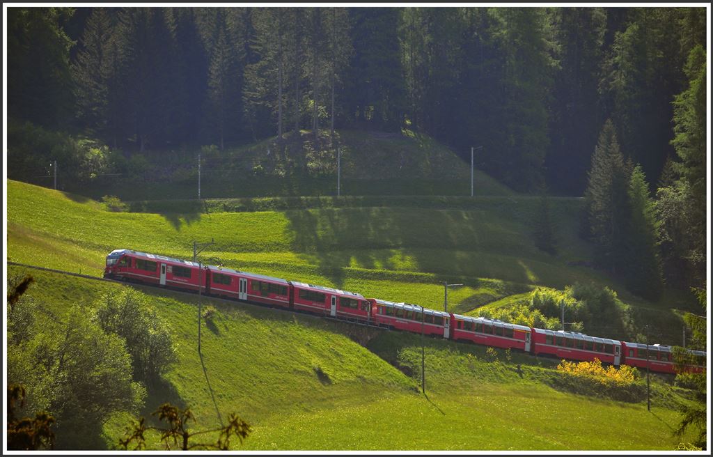 Berninaexpress 951 auf der mittleren Ebene oberhalb Bergün. (30.05.2015)