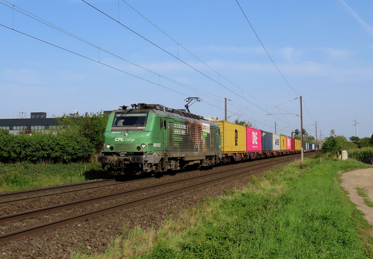 Bernolsheim - 14. August 2025 : CFL Cargo BB 37027 am Kombi 44572 von Basel nach Hagondange.