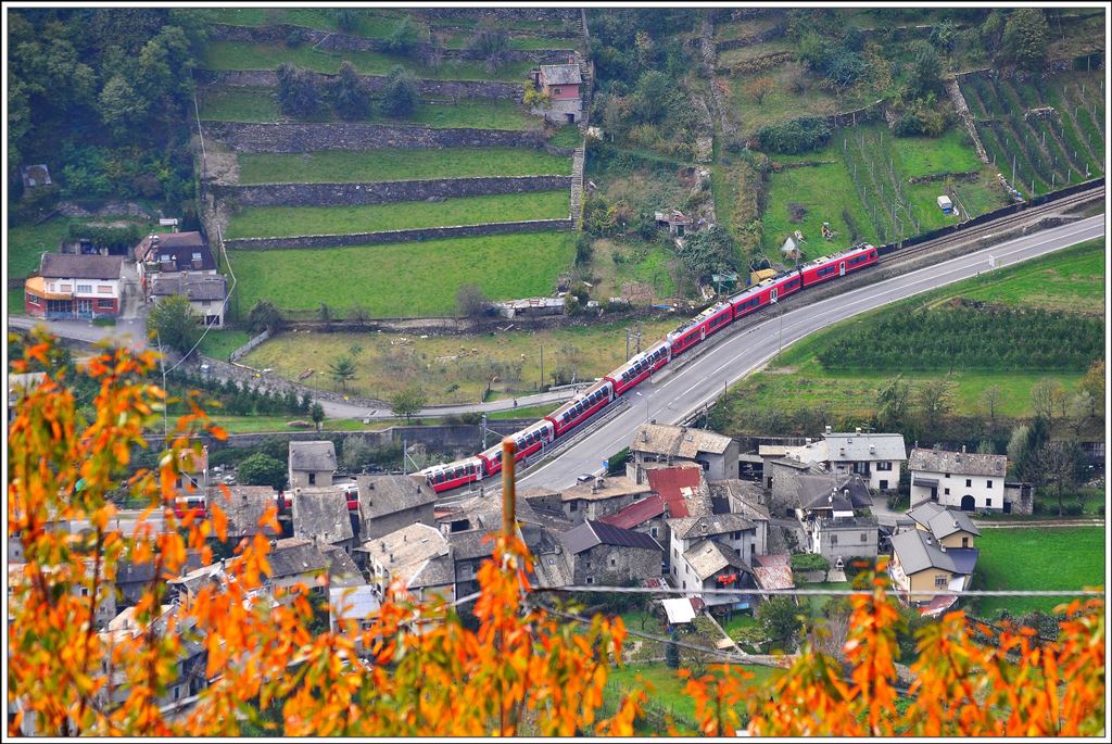 BEX 960 mit einem Allegra ABe 8/12 ist unterwegs am Stadtrand von Tirano und wird in Kürze die Schweizer Grenze bei Campocologno erreichen. (25.10.2014)