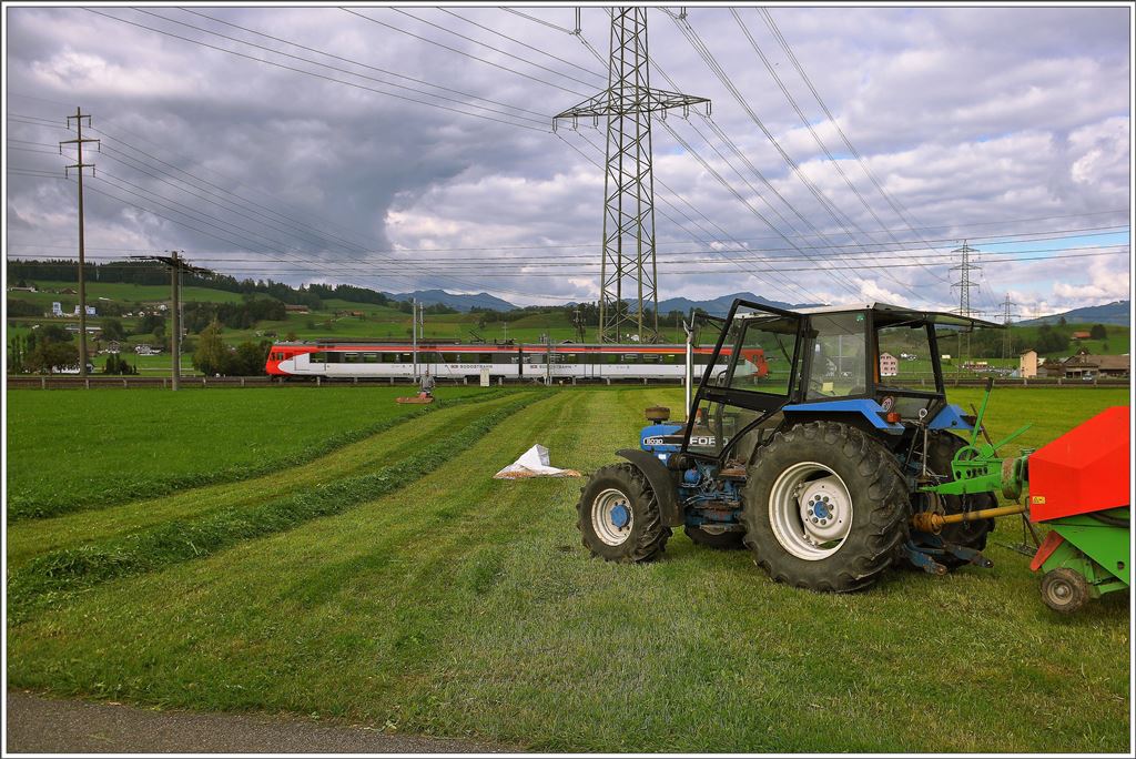 Bilder aus der March zwischen Pfäffikon SZ und Ziegelbrücke. S27 8260 mit SOB RBDe 566 076 zwischen Schübelbach-Buttikon und Siebnen-Wangen. (24.09.2015)