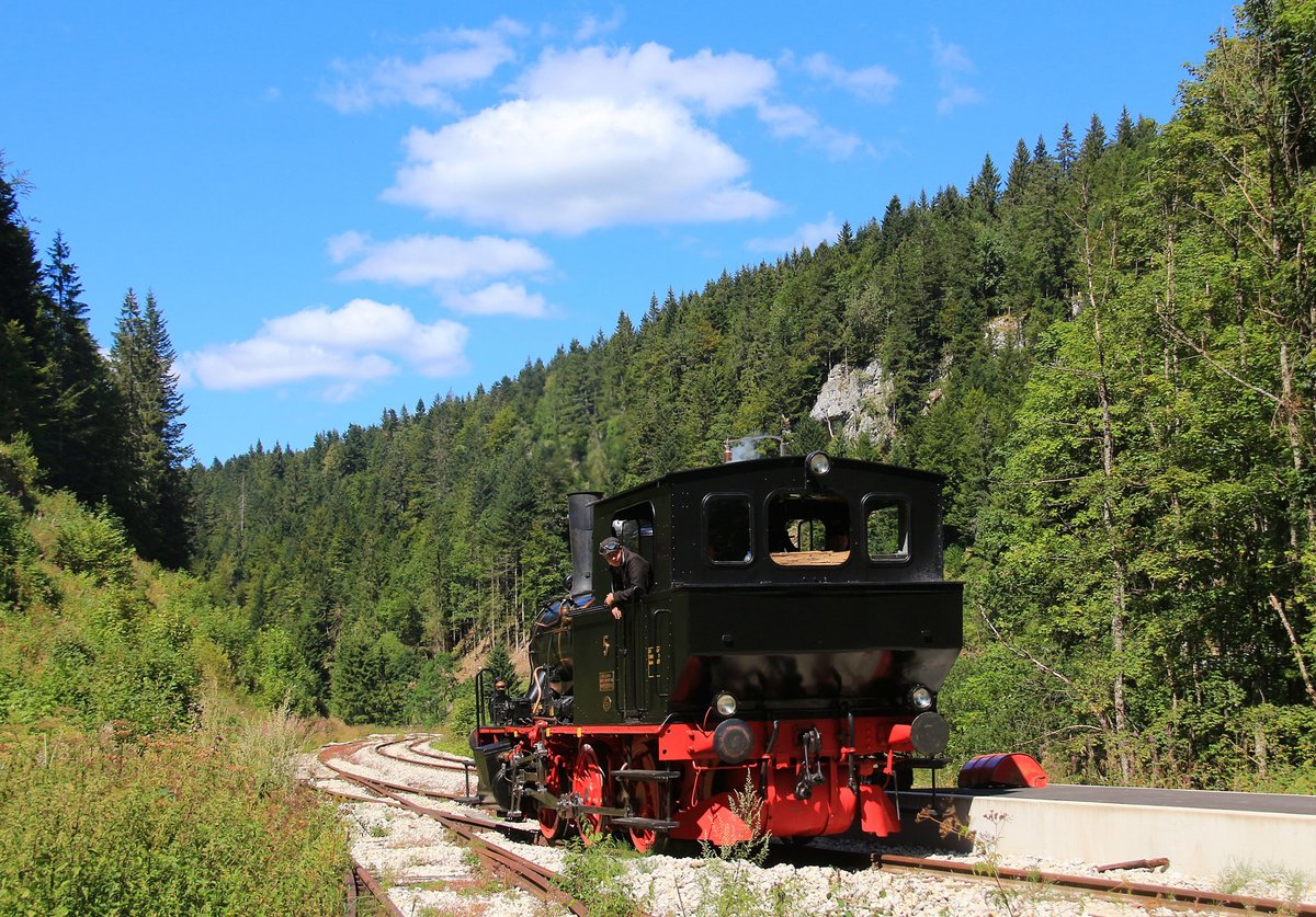 Bilder von der Coni'fer (Chemin de fer touristique Vallorbe - Pontarlier): Blick vom gegenwärtigen Ende der Linie weiter talabwärts, wo irgendwann einmal auch wieder Züge fahren werden. Lok  Tigerli  Nr. 5 kommt vom Gleiswechsel weiter unten wieder zu ihrem Zug herauf, Fontaine-Ronde, 11.August 2018 