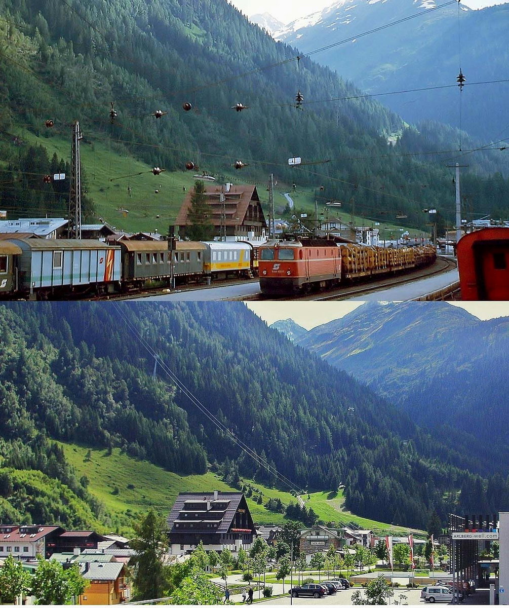 Bilder von der ÖBB einst und jetzt: Bis zum Herbst 2000 lag der Bahnhof St. Anton am Arlberg mitten im Ort, danach wurde er nach Süden verlegt. Oben durchfährt eine 1044 mit einem Güterzug im Juni 2000 den alten Bahnhof, dessen Bahnhofsgebäude auf dem unteren Bild vom August 2010 im Hintergrund als einziges Relikt zu erkennen ist.