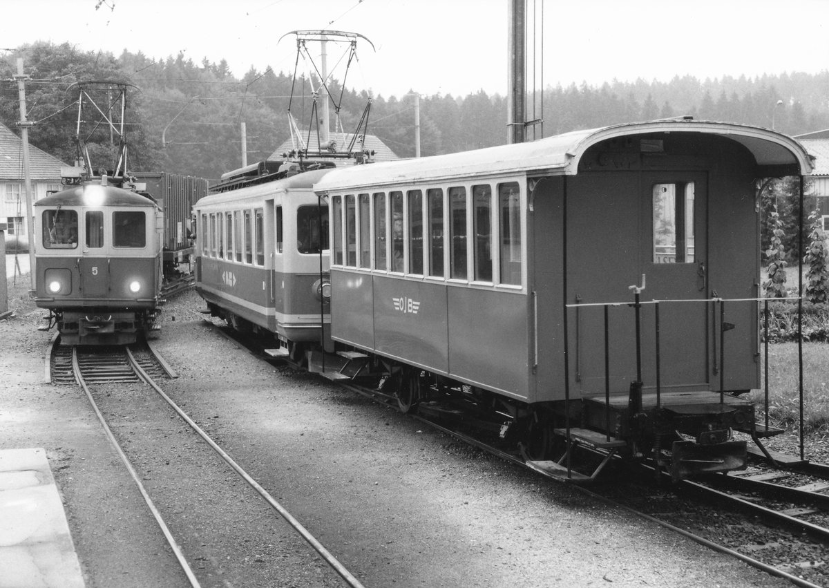 BIPPERLISI.
Aare Seeland Mobil/ASm/OJB.
Sehr interessante Zugskreuzung in Bannwil zwischen dem SNB BDe 4/5 5 (Kehrichtzug Niederbipp-Langenthal) und dem OJB Be 4/4 80, ehemals BA, mit dem OJB B2 11, ehemals LJB.
Nach einem längeren Aufenthalt im Bahnmuseum Kerzers wurde der B2 11 von der Selfkantbahn übernommen.
Foto: Walter Ruetsch  