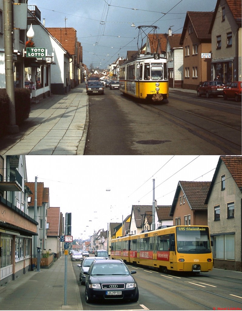 Bis 1990 verkehrte die Linie 5 nach Stammheim, oben fährt der Solo-GT4 745 am 01.03.1987 nach Degerloch. Mit der Aufnahme des Stadtbahnbetriebes nach Freiberg wurden die Linienwege getauscht und die Linie 15 fuhr nach Stammheim, während die U 5 den Weg nach Freiberg nahm. Zum Vergleich mit heute ein Zug der U 15 auf dem Weg nach Stammheim am 30.03.2013.