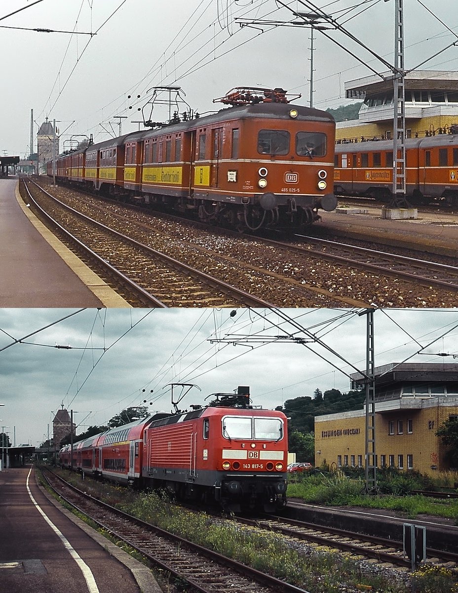 Bis zur Aufnahme des S-Bahn-Verkehrs im Herbst 1978 waren die in den dreißiger Jahren gebauten ET 65 im Stuttgarter Vorortverkehr unentbehrlich. Auf der oberen Aufnahme verlässt 465 025-5 im Mai 1978 den Bahnhof Esslingen, darunter ist dort gerade 143 817-5 im Juni 2011 mit einem RE angekommen. Sieht man einmal von dem auf dem Bahnsteig und zwischen den Gleisen wuchernden Grün ab, hat sich hier in den zwischen beiden Aufnahmen liegenden 33 Jahren nicht allzuviel geändert.