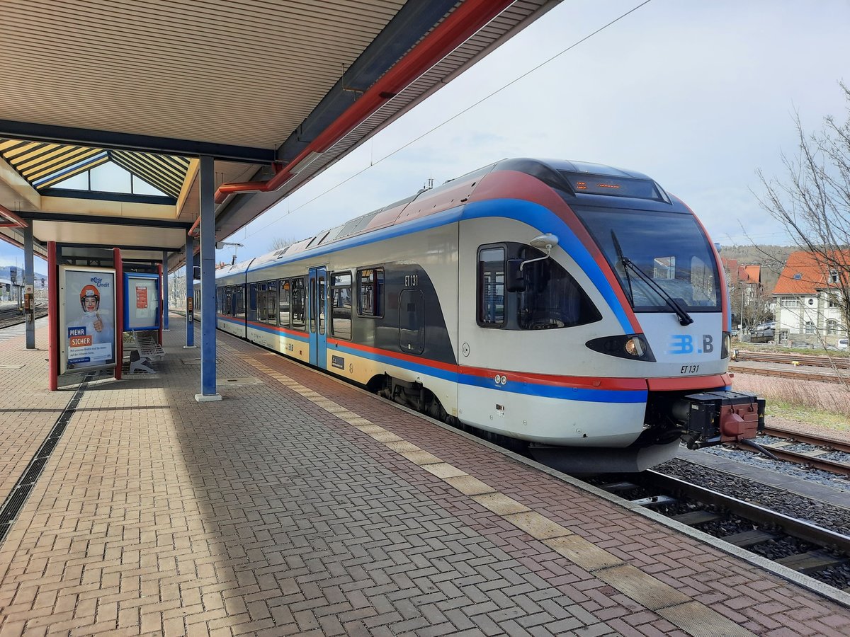 BLB ET 131 als RB 24157 aus Bebra, am 06.04.2021 in Eisenach. Der Triebwagen ist aushilfsweise für Cantus im Einsatz.