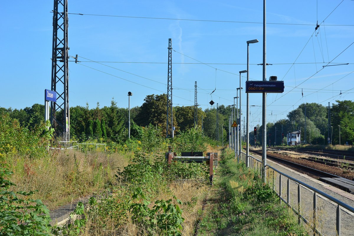 Blich auf die Reste des ehemaligen Gleis 6. Früher hielten hier die Züge nach Königs Wusterhausen. Heute ist ein Teil Stumpfgleis und der andere teil in Richtung Mittenwalde ist Draisinenstrecke.

Zossen 26.07.2018