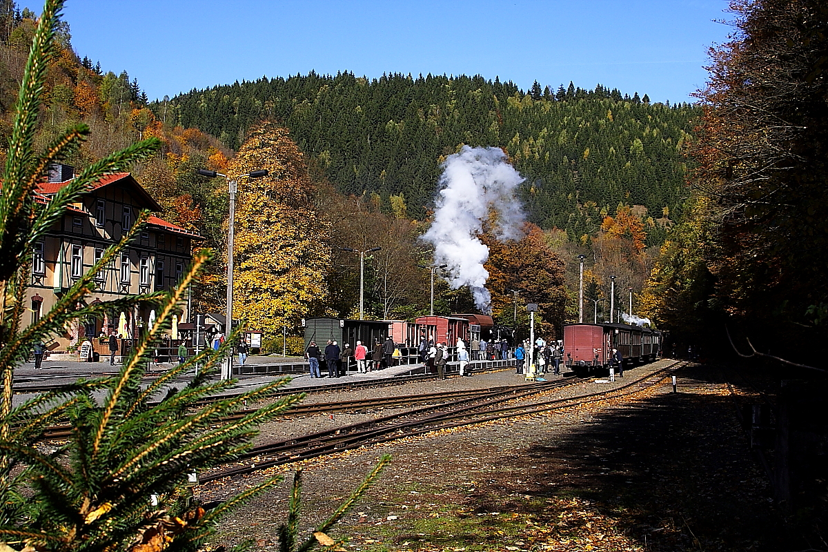 Blick am 19.10.2013 in den Bahnhof  Eisfelder Talmühle . Die zwei im Bahnhof stehenden Züge sind der Foto-Güterzug der HSB (links) und der Sonderzug der IG HSB, beide heute unterwegs im Rahmen eines dreitägigen Sonderzugprogramms.