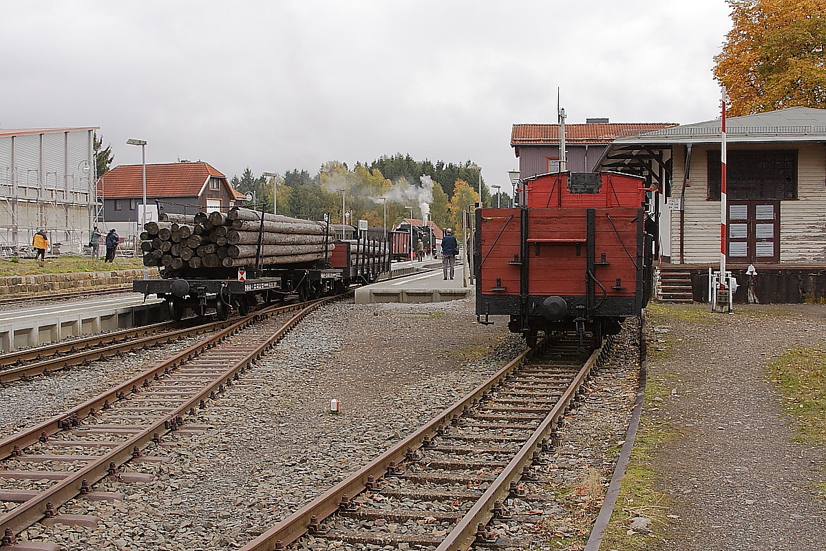 Blick am Mittag des 20.10.2013 in den Bahnhof Benneckenstein. Während links der Rest einer Gütereinheit des Sonder-PmG der IG HSB wartet, rangiert im Hintergrund der Zug mit 99 7247 zur Abstellung eines weiteren Güterwagens. Danach wird die Fahrt in Richtung  Eisfelder Talmühle  und Gernrode fortgesetzt.