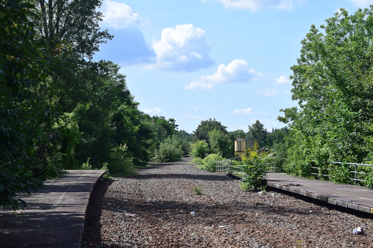 Blick auf den alten Haltepunkt Leipzig-Anger-Crottendorf mit Blick in Richtung Connewitz. Im Zuge des City Tunnels wurde diese Strecke Ende 2012 stillgelegt und abgebaut. Ein Großteil der alten Strecke soll nun ein Radweg werden.

Leipzig 09.08.2021