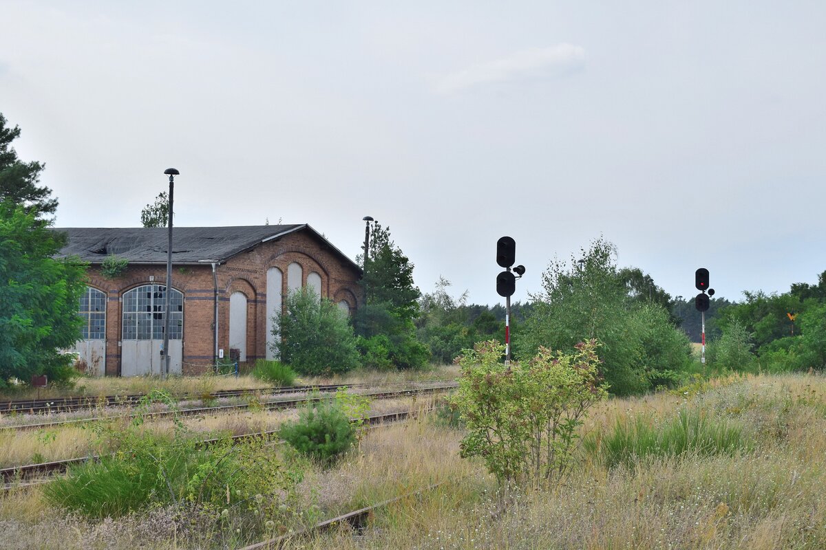 Blick auf die Ausfahrsignale in Pretzsch in Richtung Wittenburg. Die Signale leuchten bis heute und hauchen dem Bahnhof so zumindest etwas Leben ein auch wenn hier seit Ende 2019 kein Zug mehr fahren darf. 1998 wurden die durchgehenden Züge nach Eilenburg eingestellt und der letzte Ast von Wittenberg nach Bad Schmiedeberg Ende 2014 eingestellt. Zuletzt gab es hier 2017 Sonderzüge. Ende 2019 wurde die Strecke wegen Oberbaumängeln betrieblich gesperrt. Seitdem verwildern einige Teile der Strecke zusehens.

Pretzsch 13.08.2021