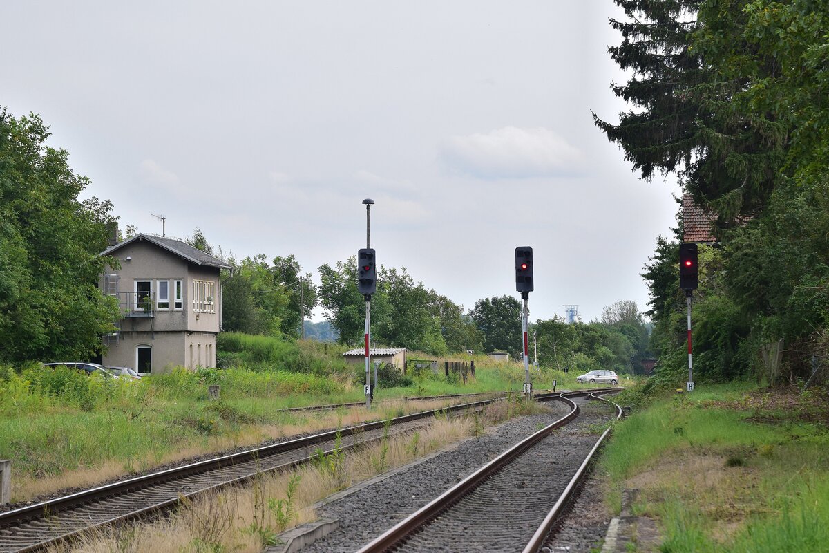 Blick auf die Ausfahrsignale in Teuchern in Richtung Zeitz. Links ist das Stellwerk Tf zu sehen.

Teuchern 11.08.2021