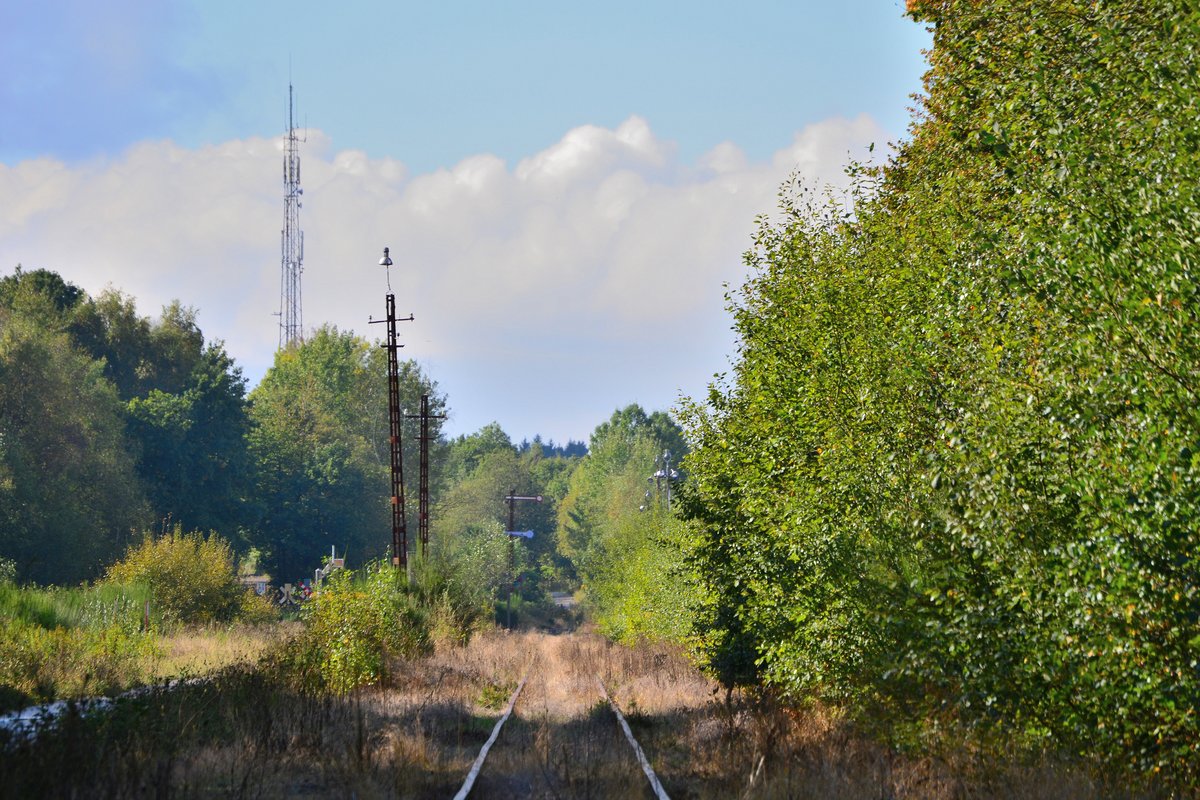 Blick auf den Bahnhof Raeren. Damals war dort ein wichtiger Knotenpunkt. Heute ist dort nicht mehr viel von zu erkennen. Die natur erobert sich ihr Gebiet wieder zurück.  Die Strecke wird von einem Verein gehalten und gepflegt. Die Strecke ist betrieblich gesperrt wodurch keine Fahrten möglich sind. 

Raeren 08.10.2016