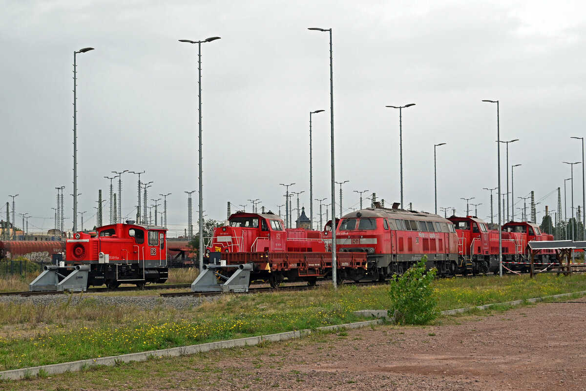 Blick auf die beiden Abstellgleise westlich des Hallenser Kombiwerks. Vorn steht 335 249, dahinter 261 023 und 265 009. Rechts daneben stehen 218 491 sowie 261 048 und eine Schwestermaschine. Fotografiert am 19.09.26 zum Tag der Schiene.