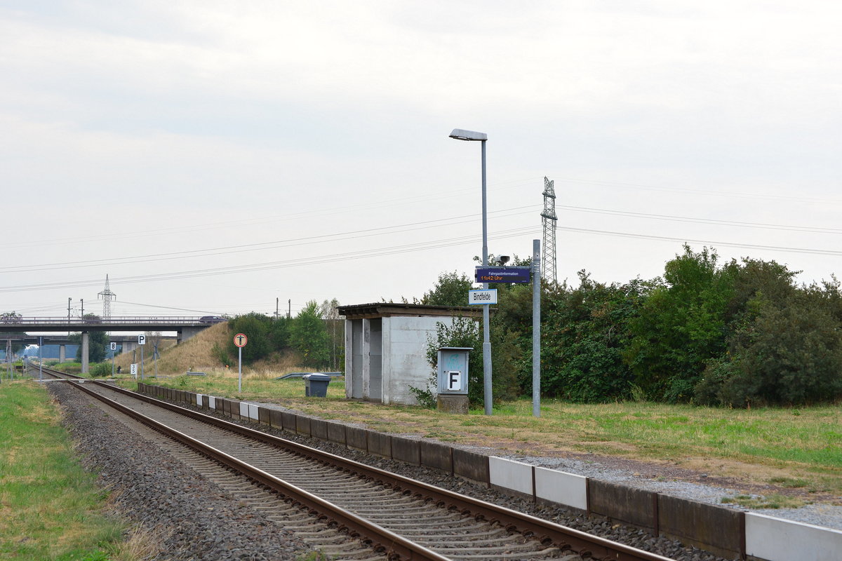 Blick auf den beschaulichen Haltepunkt Bindfelde bei Stendal. Der Haltepunkt wird stündlich von der RB26 bedient, welche hier bei Bedarf hält.

Bindfelde 22.07.2018
