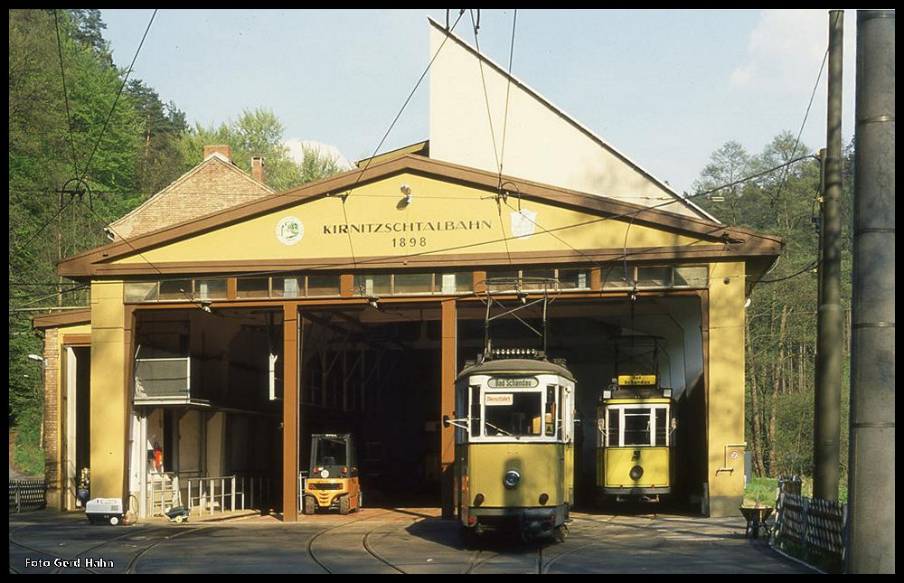 Blick auf das Depot der Kirnitzschtalbahn in Bad Schandau am 4.5.1995.