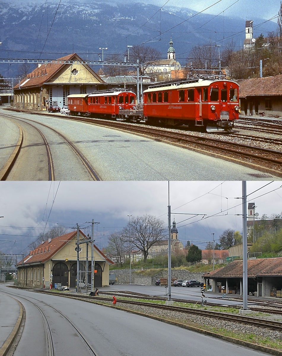Blick auf das Depot Sand der Arosabahn im März 1996 und am 31.03.2022: Auf dem oberen Bild wird das Depot noch von der Arosabahn genutzt, davor sind die beiden Berninabahn-Triebwagen ABe 4/4 I 30 und 32 abgestellt, heute (unteres Bild) dient es einem Gleisbauunternehmen zur Unterbringung seiner Fahrzeuge