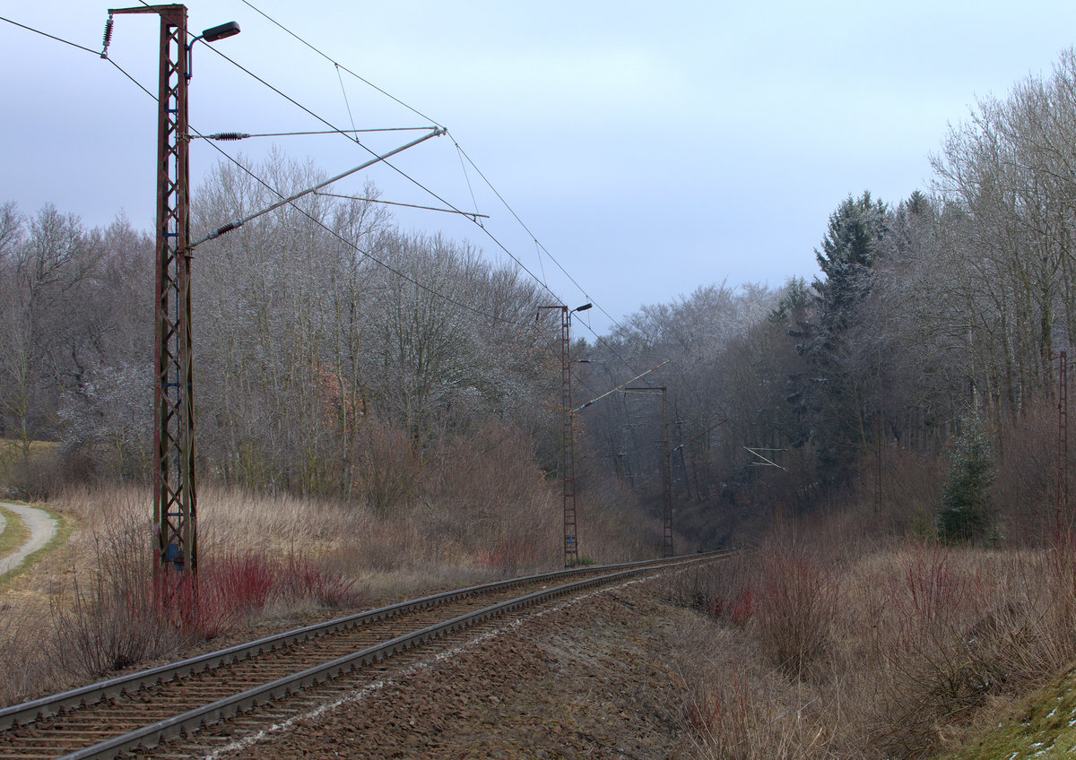 Blick auf einen Streckenabschnitt der Rübelandbahn. Der Steckencharakter als Steilstecke ist gut zu erkennen. Bei Hüttenrode. 01.04.2018  12:16 Uhr.