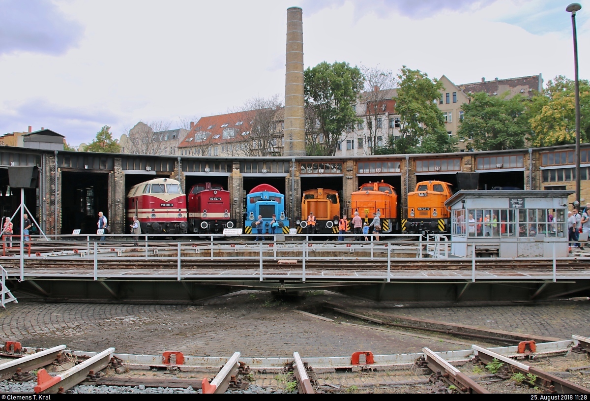 Blick auf die Gleise 9 bis 16 des Ringlokschuppens im DB Museum Halle (Saale) anlässlich des Sommerfests unter dem Motto  Diesellokomotiven der ehemaligen DR . Das Bild wird dem Motto vollends gerecht.
[25.8.2018 | 11:28 Uhr]