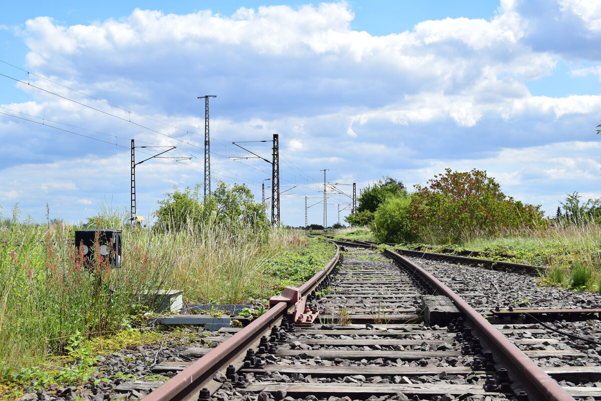 Blick auf die Gleissperre und auf die Ausfahrt des Anschlussgleises der ehemaligen Bahnmeisterei in Güterglück. Das Bild wurde von der stillgelegten und nicht mehr angebundenen Verbindungskurve nach Barby gemacht.

Güterglück 22.07.2020