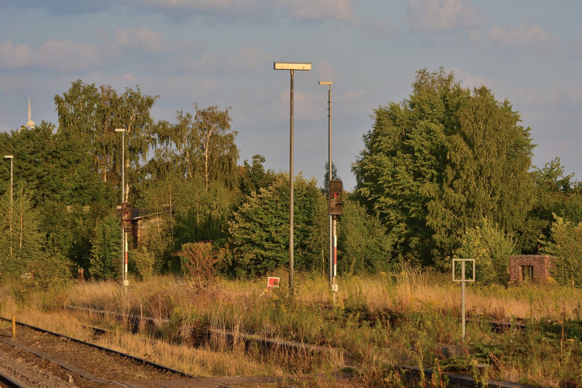 Blick auf die größtenteils verwaisten Gleisanlagen des Bahnhofs Querfurt. Einst konnte man hier auch nach Röblingen am See und nach Vitzenburg fahren. Am 31.Dezember 1998 wurde der Verkehr nach Vitzenburg eingestellt und am 13.Dezember 2003 wurde der Verkehr nach Röblingen eingestellt. So ist seither in Querfurt Ende. 

Querfurt 07.08.2018