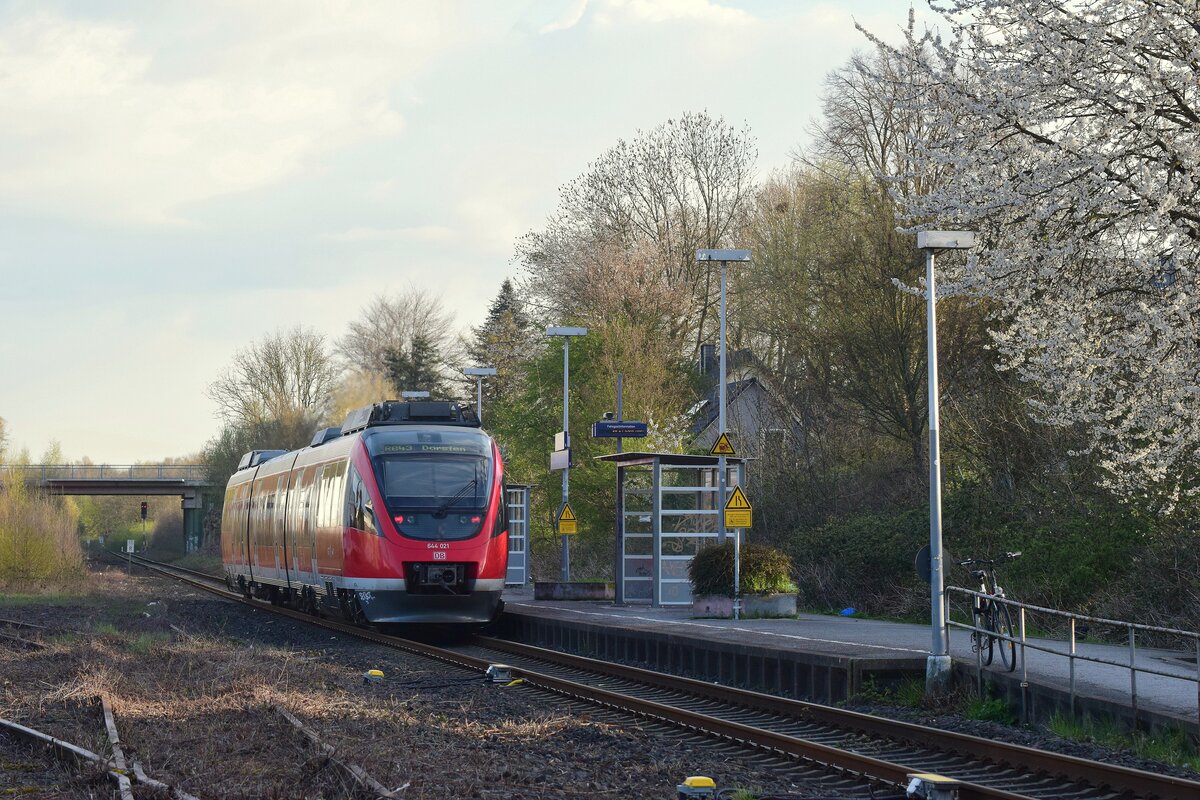 Blick auf den Haltepunkt Dortmund Bövinghausen. Einst war Bövinghausen heute nur noch Blockstelle. Hier steht 644 021 auf den Weg nach Dorsten in Bövinghausen am Bahnsteig. Das Bild wurde vom Bahnübergang aus gemacht welcher unmittelbar nach dem Zug wieder öffnet.

Dortmund Bövinghausen 14.04.2023