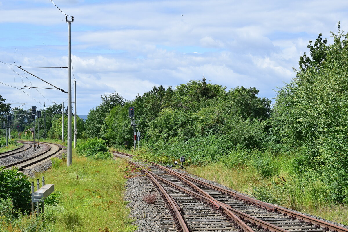 Blick auf die Handweiche nach Bretleben sowie das Ausfahrsignal nach Bad Frankenhausen. 2006 wurde der Verkehr nach Sondershausen eingestellt und anschließend die Strecke 2008 stillgelegt. Ab Bad Frankenhausen ist die Strecke bis Sondershausen abgebaut. 

Bretleben 16.08.2021