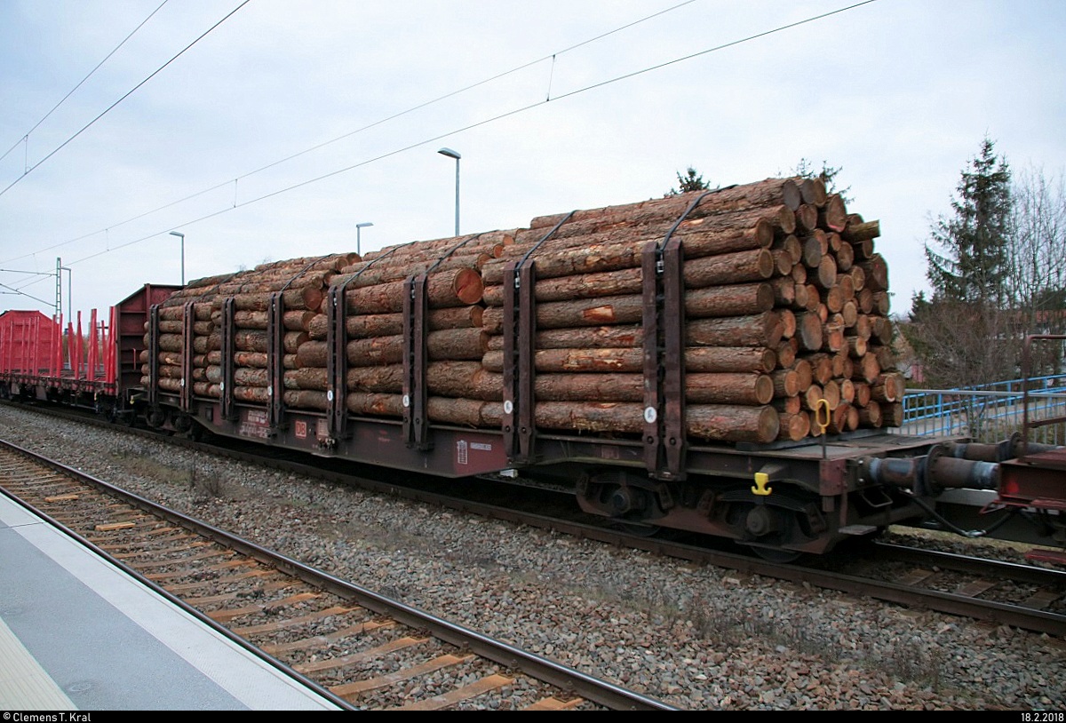 Blick auf mit Holz beladenen Flachwagen, der mit 187 112 DB als gemischter Gz den Hp Halle Rosengarten auf der Bahnstrecke Halle–Hann. Münden (KBS 590) durchfährt. [18.2.2018 | 15:52 Uhr]