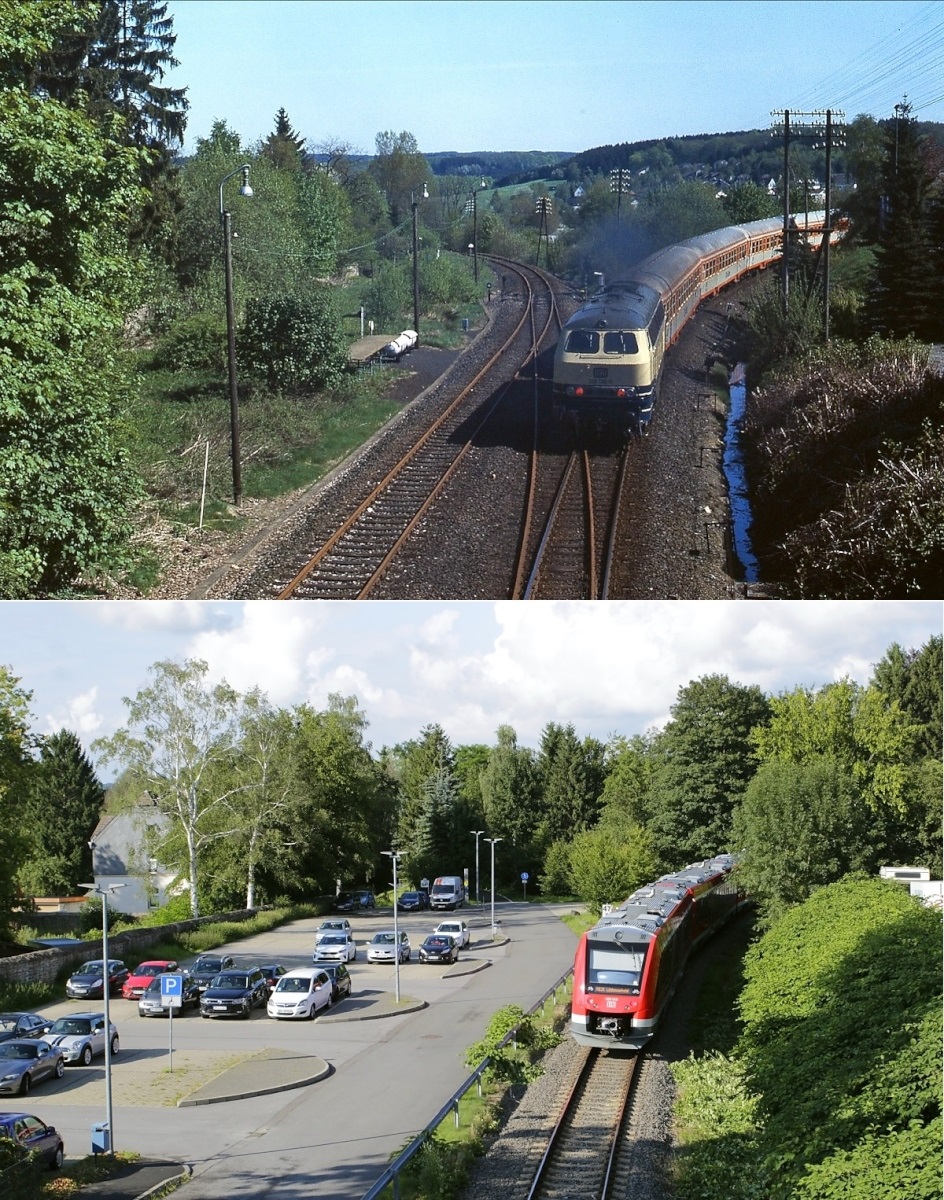 Blick auf die Nordausfahrt des Bahnhofs Marienheide: Oben schiebt 218 130-3 eine Citybahn im Mai 1987 in Richtung Meinerzhagen, darunter ist 620 549 am 04.08.2021 auf dem Weg nach Lüdenscheid. Die nach links führenden Schiene auf dem oberen Bild gehören zur 1985 stillgelegten Wippertalbahn nach Remscheid-Lennep. Heute befindet sich auf der Trasse - na was wohl? - ein Radweg.