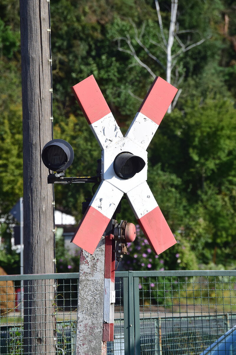 Blick auf eine WSSB Blinklichtanlage inklusive kleinen Zusatzlicht für die einfädelnde Straße vom Bahnhof.

Nebra 16.08.2021