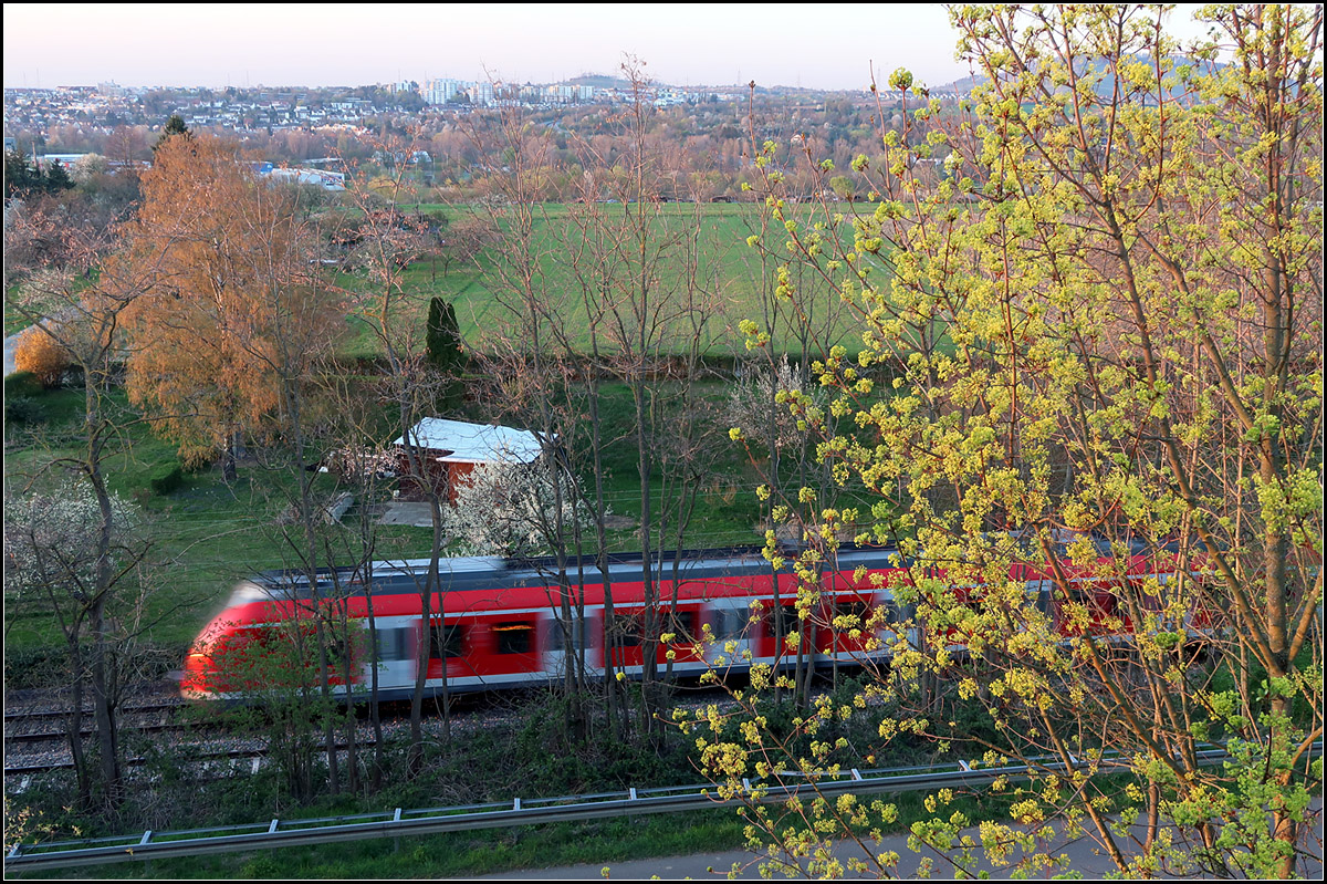 Blick aus unserer Haustüre -

... auf die Remsbahn mit einer S-Bahn der Linie S2 in Richtung Filderstadt über Stuttgart. Im Hintergrund das Waiblinger Wohngebiet Korber Höhe.

06.04.2020 (M)