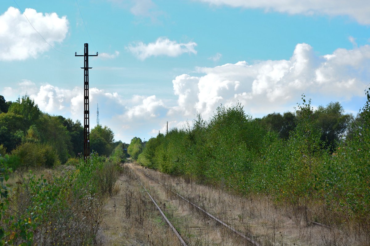 Blick vom Bahnhof Raeren in Richtung Eupen.  Die Strecke wird von einem Verein gehalten und gepflegt. Die Strecke ist betrieblich gesperrt wodurch keine Fahrten möglich sind. 

Raeren 08.10.2016