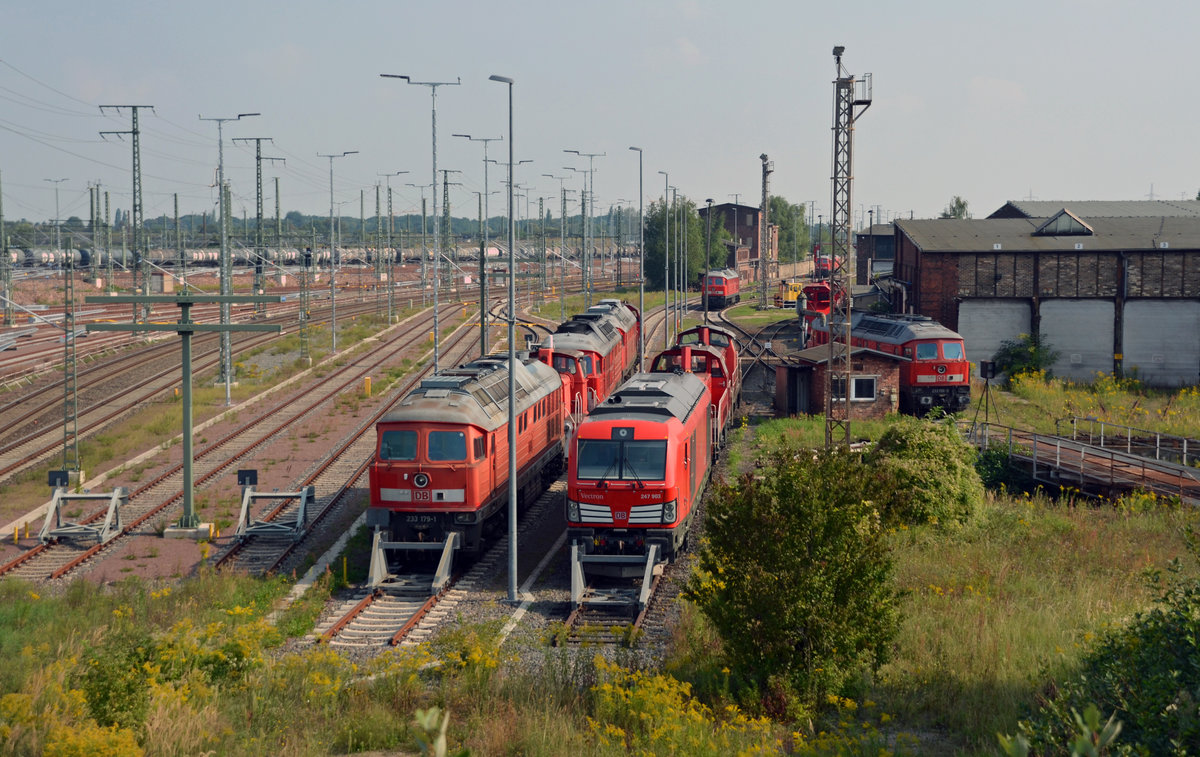 Blick von der Berliner Brücke auf das Cargo-Betriebswerk Halle(S). Unteranderem waren am 27.08.17 Ludmillen, Rangierloks der Reihen V90 sowie Garvitas und ein Vectron DE abgestellt.
