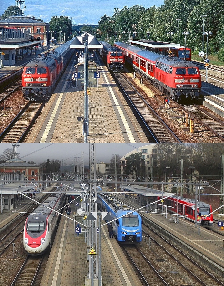 Blick von der Fussgängerbrücke auf den Bahnhof Memmingen am 27.08.2010 und am 24.02.2023: Auf der oberen Aufnahme treffen sich vier Lokomotiven der Baureihe 218, auf Gleis 2 sind 218 491-9 und eine weitere 218 mit einem IC nach Oberstdorf eingefahren, auf Gleis 3 steht 218 469-5 und auf Gleis 4 218 360-6. Im Hintergrund auf Gleis 5 ist noch ein Regio-Shuttle zu erkennen. Heute sind die 218 nur noch vor den beiden IC-Paaren nach Oberstdorf anzutreffen, ansonsten beherrschen Triebwagen verschiedener Bahngesellschaften das Bild: Auf Gleis 2 hält ein RABe 503 der SBB auf dem Weg von München nach Zürich, daneben auf Gleis 3 der ET 4.29 von GoAhead Bayern und auf Gleis 5 der 623 036 der Bayerischen Regiobahn. Die Fussgängerbrücke hat im Rahmen der Elektrifizierung der Strecke Buchloe - Lindau aus Sicherheitsgründen Glasscheiben mit durchgehenden schwarzen Streifen erhalten, damit sind von dort keine gescheiten Aufnahmen mehr möglich.
