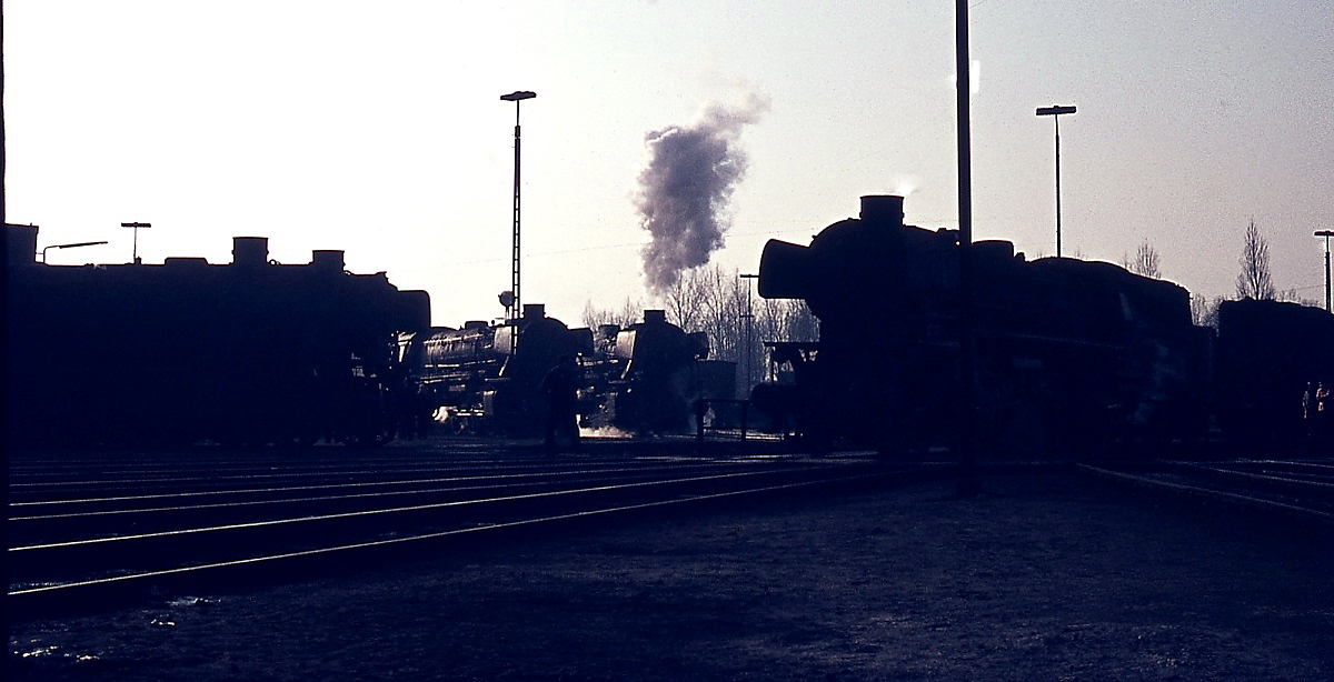 Blick ins Bw Rheine mit mehreren Lokomotiven der BR 043, im Vordergrund rechts auf der Drehscheibe eine 042 (Februar 1975)