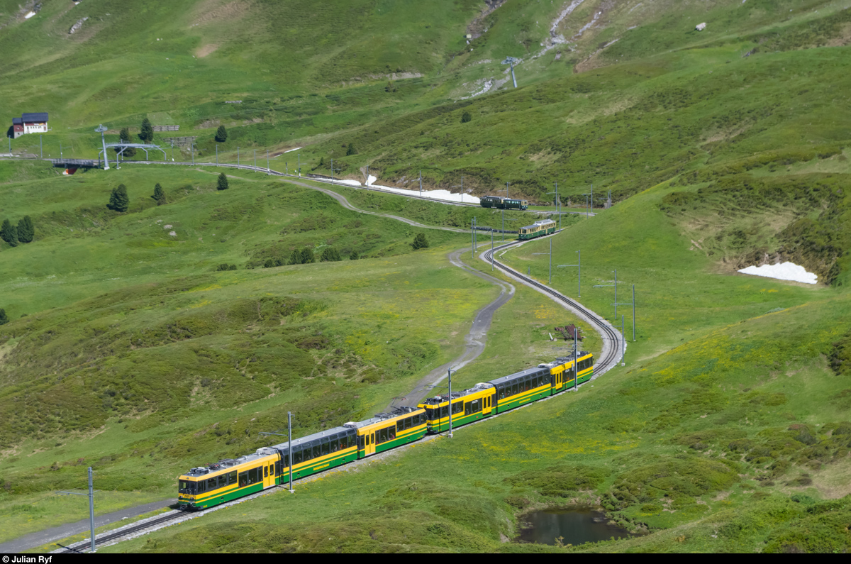 Blick von der Kleinen Scheidegg auf die Strecke der Wengernalpbahn in Richtung Grindelwald. Der regulären Komposition, bestehend aus zwei Panos, fahren am 24. Juni 2015 zwei BDhe 4/4-Kompositionen voraus.