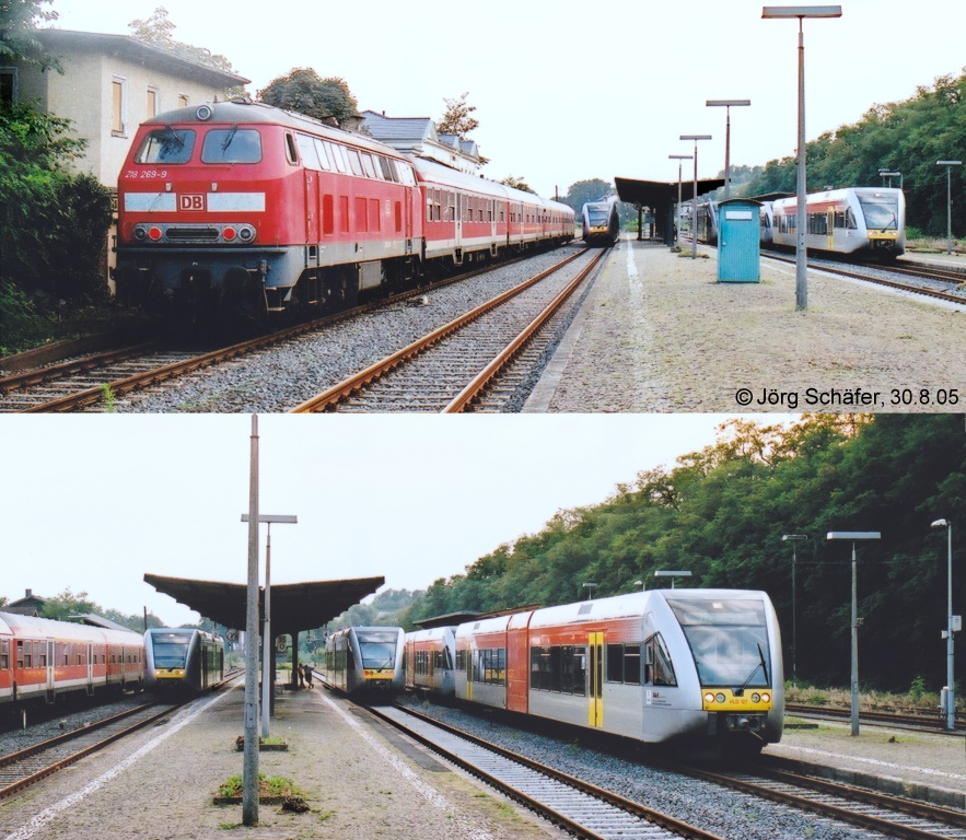 Blick nach Sden auf Nidda am 30.8.05: 218 269 steht mit ihrem Wendezug neben HLB 127 (ganz rechts) und zwei weiteren GTW 2/6 der Hessischen Landesbahn.
