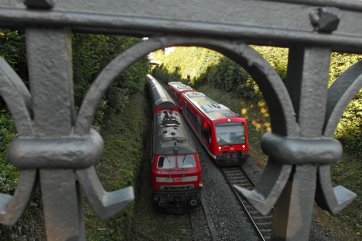 Blick von der Schlossbergbrcke (|) - Auf Grund einer Versptung von 32 Minuten endete die Fahrt von 218 496-8 mit dem IRE 4231 am 22.06.2016 nicht planmig in Lindau sondern vorzeitig in Friedrichshafen. Kurz nach dem Beginn der Fahrt der RB 22776 in Friedrichshafen fahren die beiden RegioShuttle auf der Bodenseegrtelbahn am abgestellten Zug vorbei nach Radolfzell.